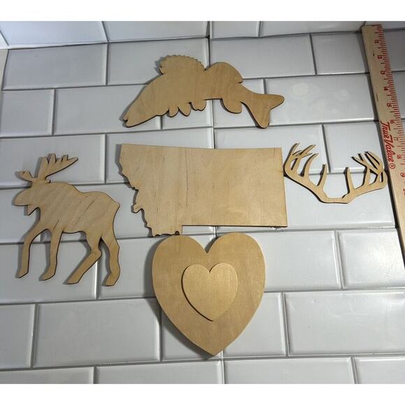 Lot of 5 Unfinished Wood Cut-Outs & Novelty Wood Pieces Moose Walleye Heart - Picture 2 of 7